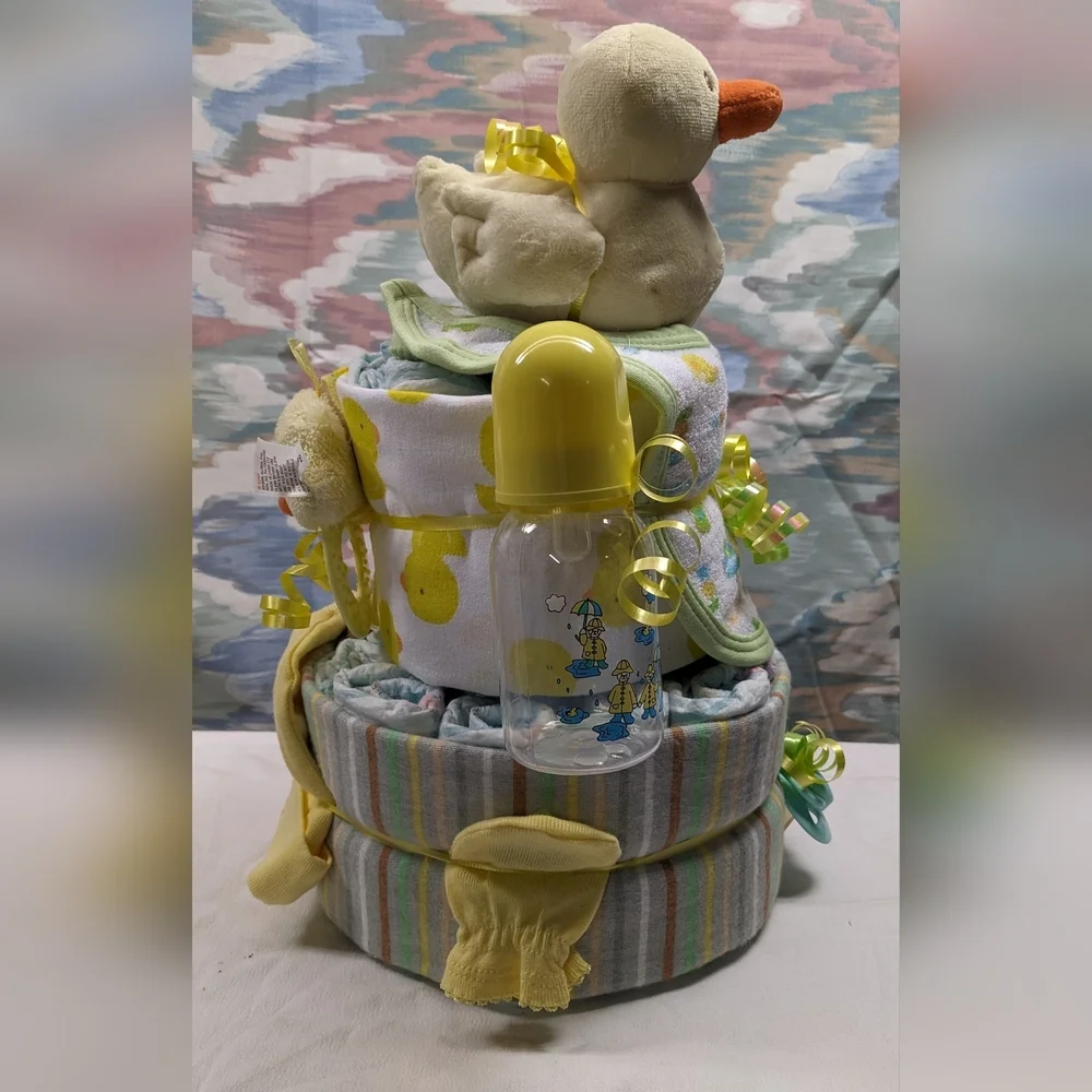 Neutral Two-tier Duck Diaper Cake, Baby Shower Gift, Centerpiece